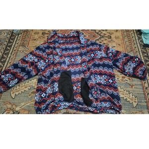 KingSize Mens Fleece Jacket XL Big Fair Isle Geometric Full Zip Navy Blue Orange